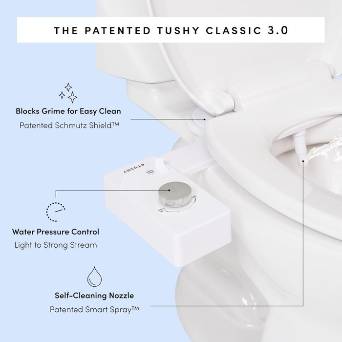 Tushy Classic 3.0 bidet features: Schmutz Shield for blocking grime, adjustable water pressure, and a self-cleaning nozzle with Smart Spray technology