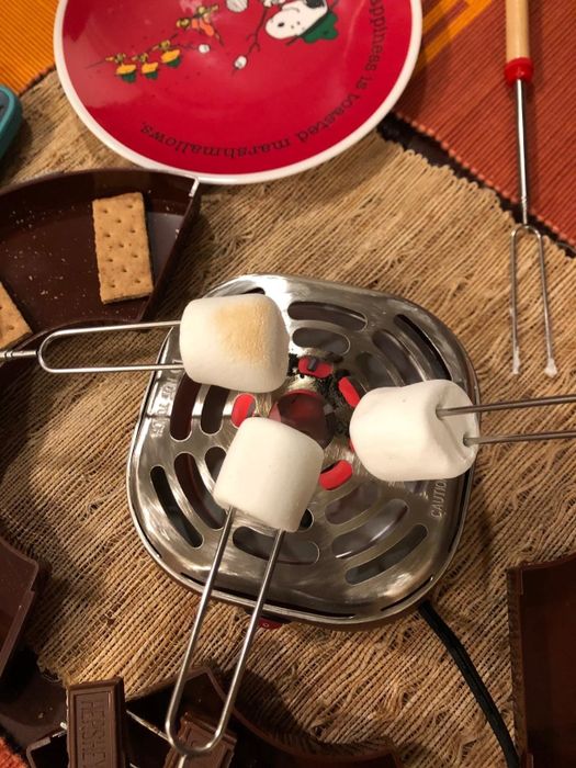Reviewers roasting three marshmallows over the flame