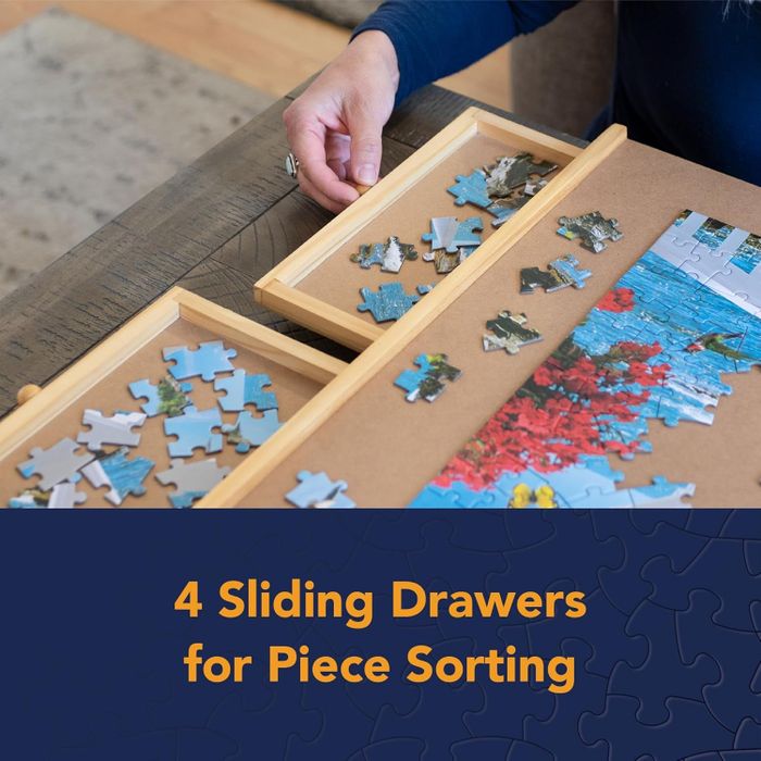 A person putting together a puzzle with four sliding drawers to organize the pieces. Text reads: 