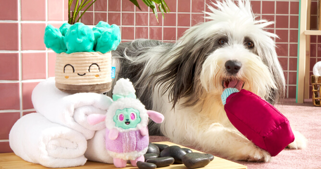 A dog surrounded by plush toys and towels in a bathroom setting, perfect for a shopping article on pet products