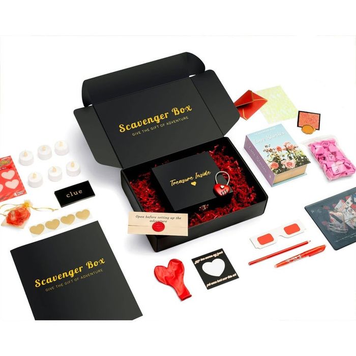 A mystery scavenger box containing adventure clues, puzzles, and heart-themed surprises, perfect for a romantic or playful interactive experience