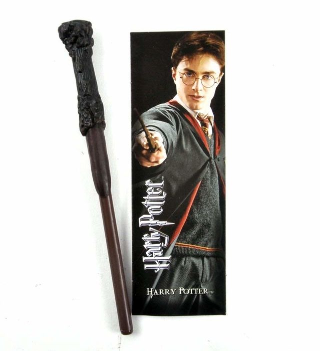 The Harry Potter wand pen and bookmark; the bookmark features an image of Harry from the films
