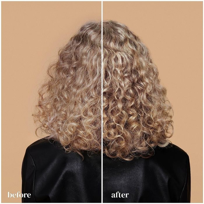 before image showing a model with frizzy, undefined curls, followed by an after image of the same model with smooth, bouncy, frizz-free curls