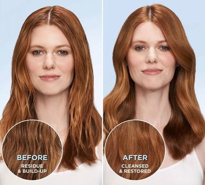 Before and after comparison showing a woman with visibly improved hair, emphasizing the effects of a hair treatment.