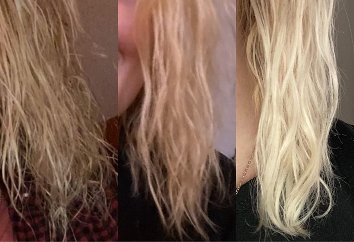 Before and after shots of the reviewer's hair following treatment
