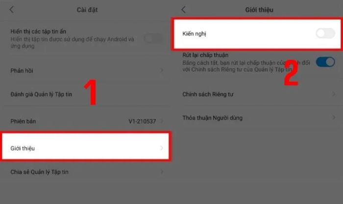 Tắt công tắc của mục Kiến nghị để loại bỏ quảng cáo trong ứng dụng Tệp.