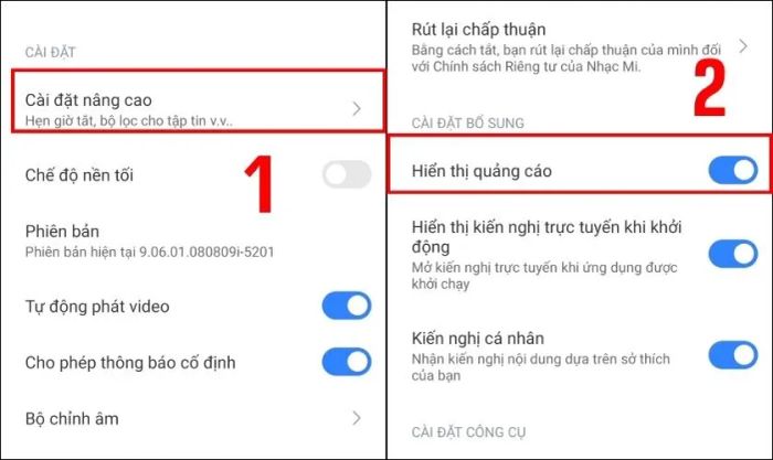 Tìm và tắt công tắc ở mục Hiển thị quảng cáo để loại bỏ quảng cáo không mong muốn.