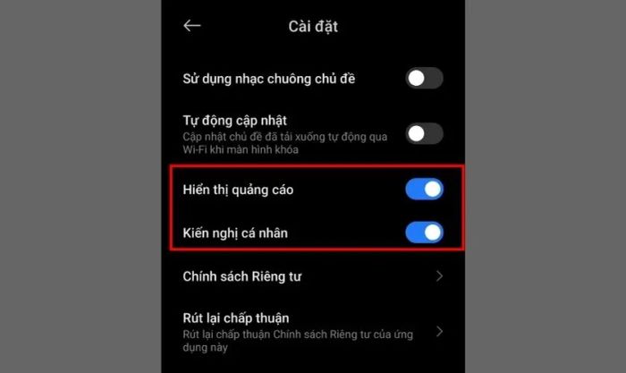Tìm và tắt công tắc ở mục Hiển thị quảng cáo và Kiến nghị cá nhân trong phần Cài đặt