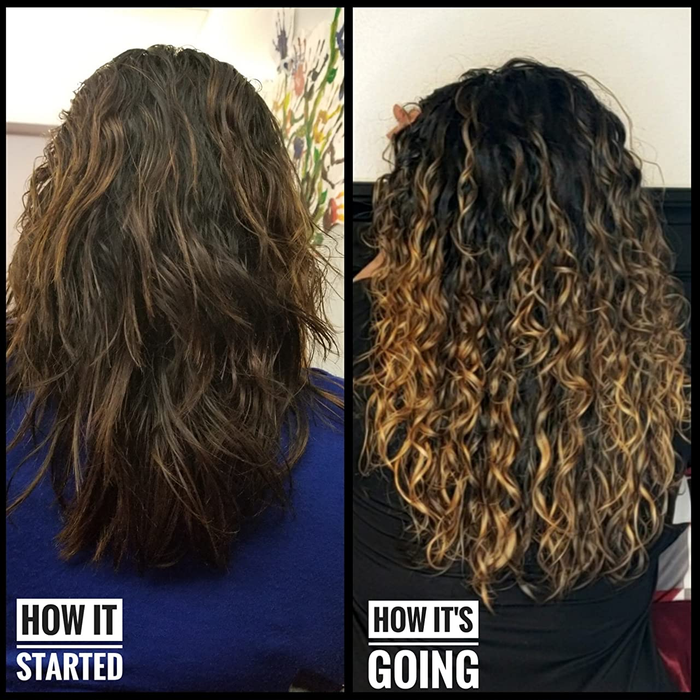 Before and after shots of the reviewer’s hair using OGX Curling Cream, showing defined curls