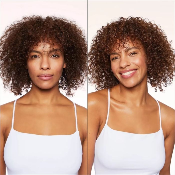 A woman with curly hair is pictured in two side-by-side images, one with a neutral expression and the other smiling, wearing a simple sleeveless top.