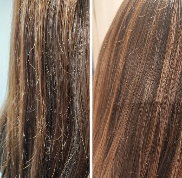 Before and after pictures of the reviewer's hair treatment