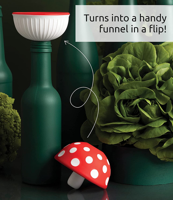 A red-capped, mushroom-shaped funnel placed next to a bottle, with the product flipped inside out to reveal a handle funnel design.