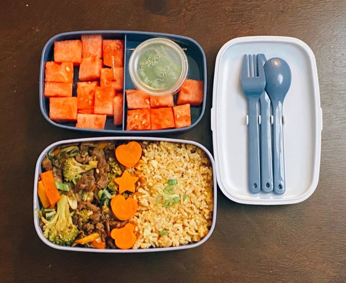 A person's lunch neatly arranged in the bento box