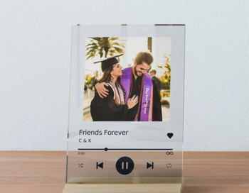 A music display frame featuring a photo of friends