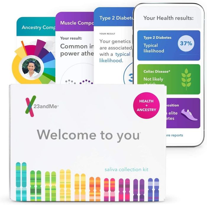 The 23andMe packaging along with screenshots of the app showcasing its features in use.
