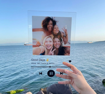 A music display image with a photo of friends taken in front of the ocean
