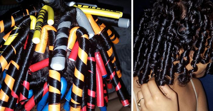 A reviewer demonstrating how the rods work, showcasing their hair before and after using them, ending with perfectly curly results.