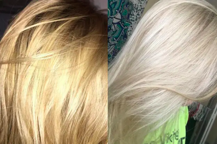 A before-and-after shot of a reviewer's hair, transitioning from yellow to a clean white tint.