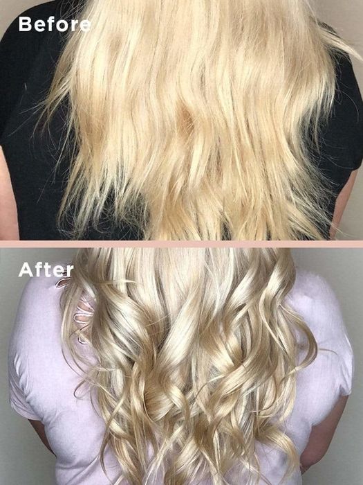 Before-and-after transformation of a person with dry, straight, color-treated hair that becomes shiny, heat-styled curls after using the mask.