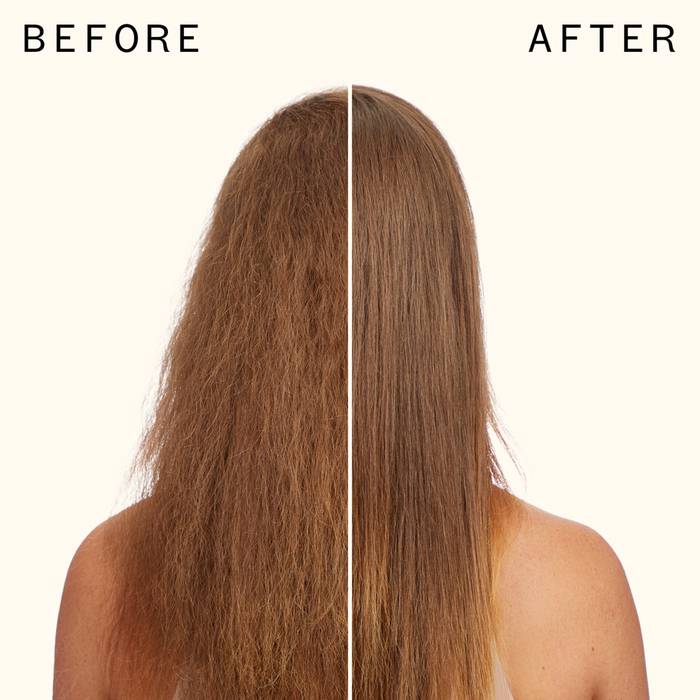 A model showing the before and after effect of using the product, with frizzy hair transforming into smooth, frizz-free hair.