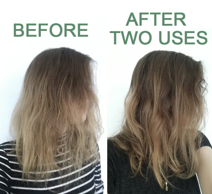 Reviewer shows before-and-after results after two uses, with noticeably softer hair.
