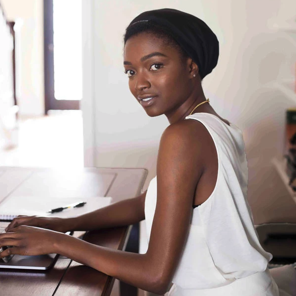 Model wearing the silk-lined beanie.