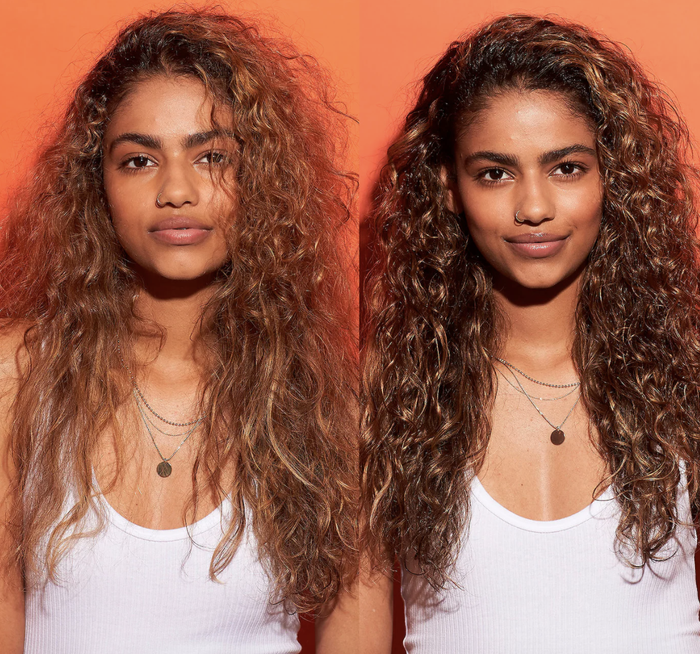 The model showcases a before-and-after comparison, with much more hydrated and defined curls in the after image.