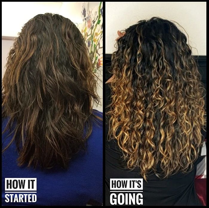The reviewer shares images illustrating their hair transformation: from fairly straight and slightly wavy to significantly curlier.