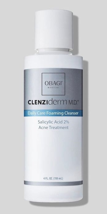 Obagi Medical CLENZIderm M.D. Daily Care Foaming Cleanser bottle, showcasing Salicylic Acid 2% for acne treatment, displayed on a plain background