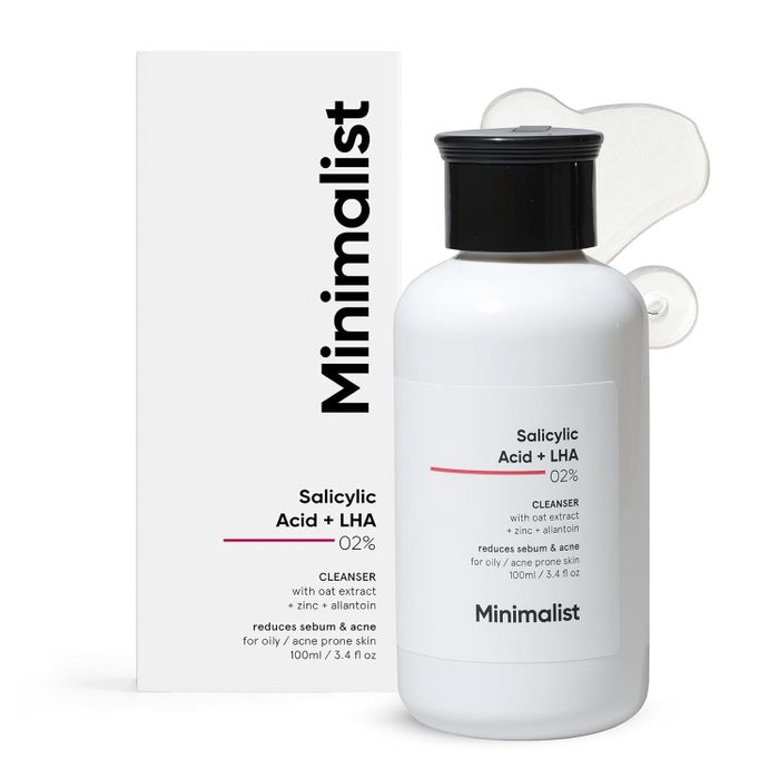 This cleanser bottle with packaging contains a 02% Salicylic Acid and LHA formula, offering oil control benefits for those with acne-prone skin.