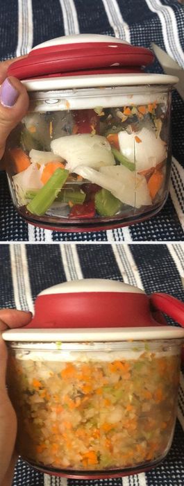 Before-and-after shots of a reviewer showing roughly chopped veggies that are finely minced by the chopper.