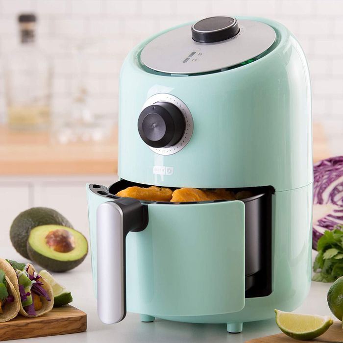 A blue-colored air fryer.