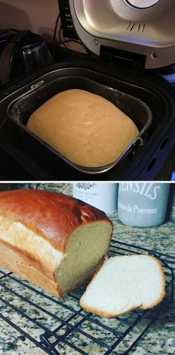 A reviewer demonstrates dough in the bread maker, followed by a finished loaf of bread.