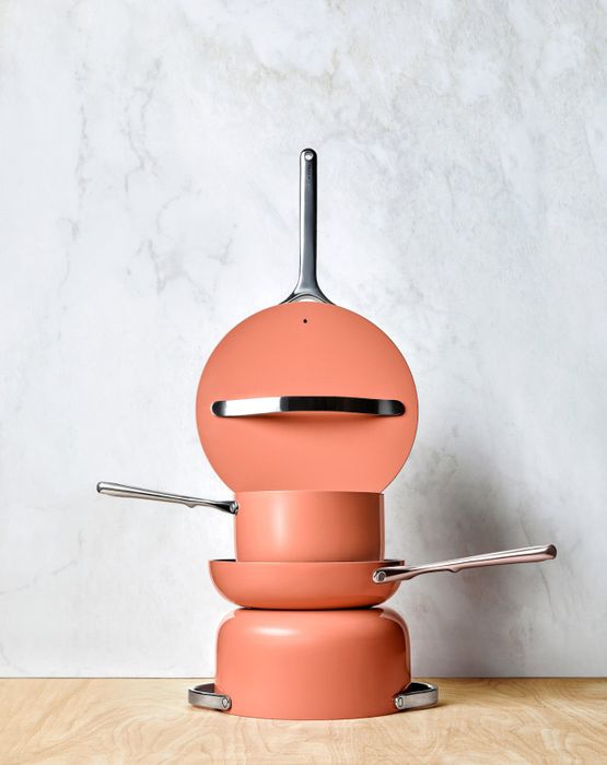 The pink set is designed to stack neatly on top of one another.