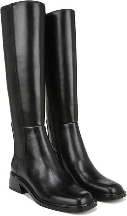Sleek black knee-high leather boots with a chic design and a modest block heel.