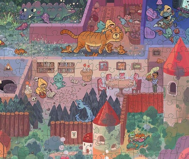 A close-up shot of the puzzle, showcasing its whimsical and intricate design