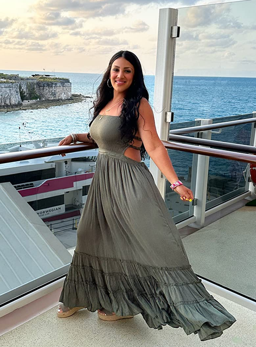 Customer wearing the dress in gray