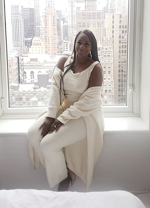 A customer review photo of wearing the set in white