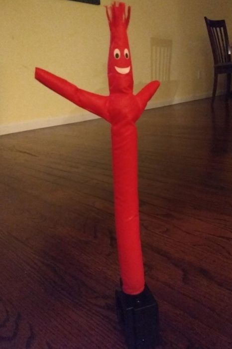 A reviewer's image showcasing the inflatable wacky arm guy in action