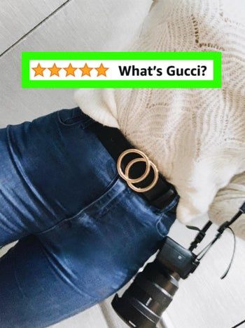 A reviewer styles the belt in black.