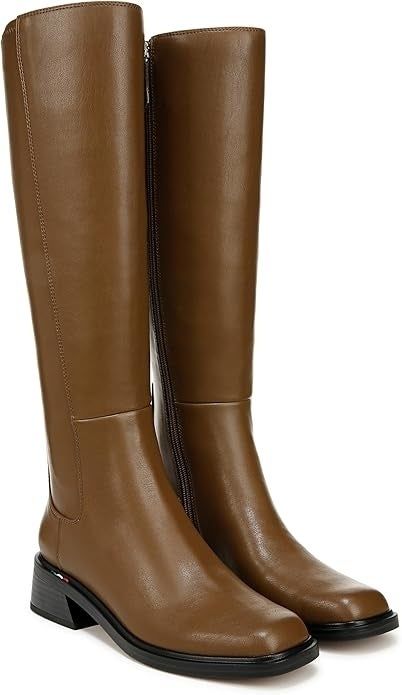 Tan knee-high leather boots with a side zipper and a modest heel, crafted for a stylish yet versatile appearance.