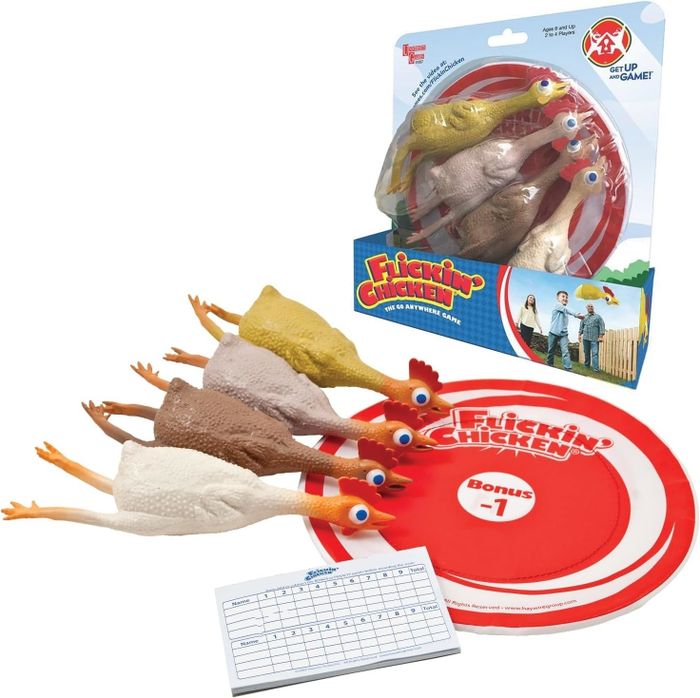 The Flickin' Chicken game set, including rubber chickens, a target, and a scorecard
