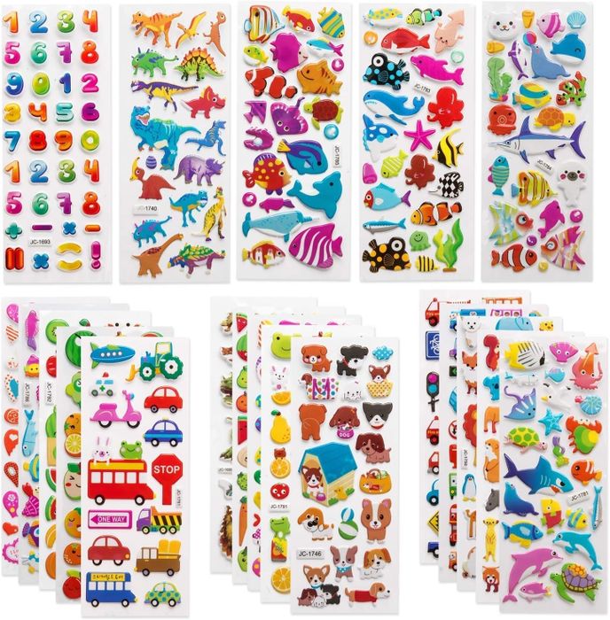 A selection of colorful cartoon stickers featuring designs like numbers, dinosaurs, sea creatures, vehicles, pets, sweets, and fruits, ready for browsing