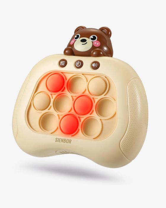 A toy fidget game shaped like a game controller, featuring a pop-it grid and a bear design
