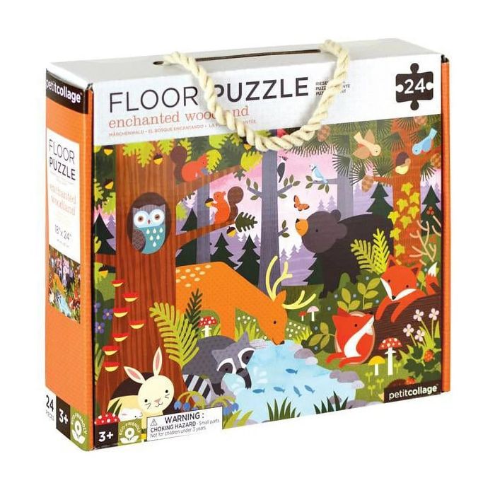 Box for a floor puzzle featuring whimsical woodland animals like an owl, bear, fox, and deer. It includes 24 pieces and is recommended for children aged 3 and up.