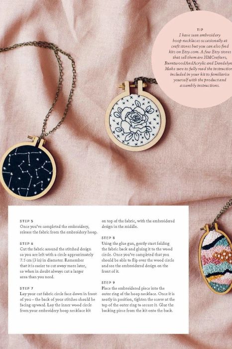 A sample page showcasing embroidered hoop necklaces.