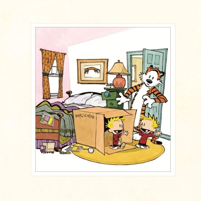 A sample comic strip showing Calvin attempting to clone himself.
