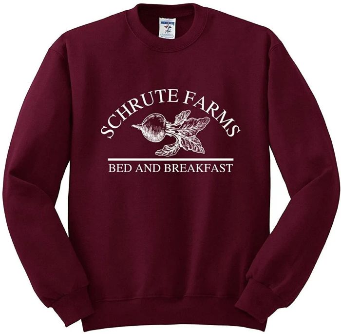 maroon sweatshirt featuring a beet design and the text 'Shrute Farms Bed and Breakfast'