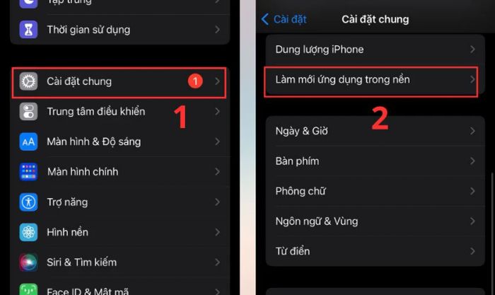 Vào mục Cài đặt chung và chọn mục Làm mới ứng dụng trong nền