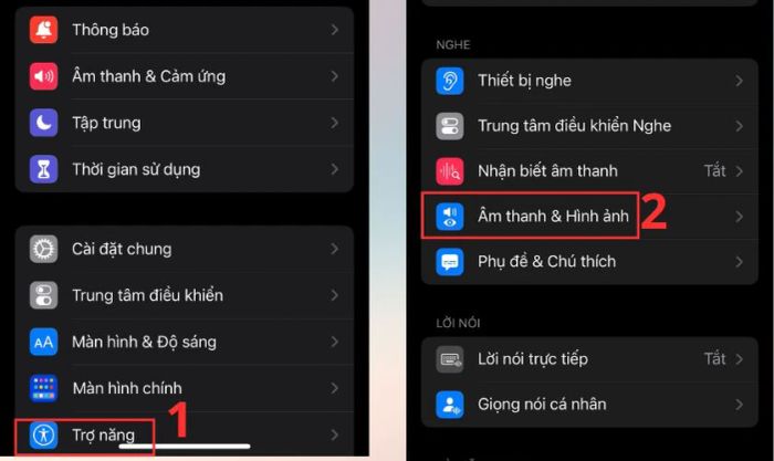 Vào Trợ năng và chọn mục Âm thanh & hình ảnh